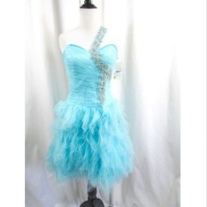 Jovani Light Blue Tulle Beaded One Shoulder Dress